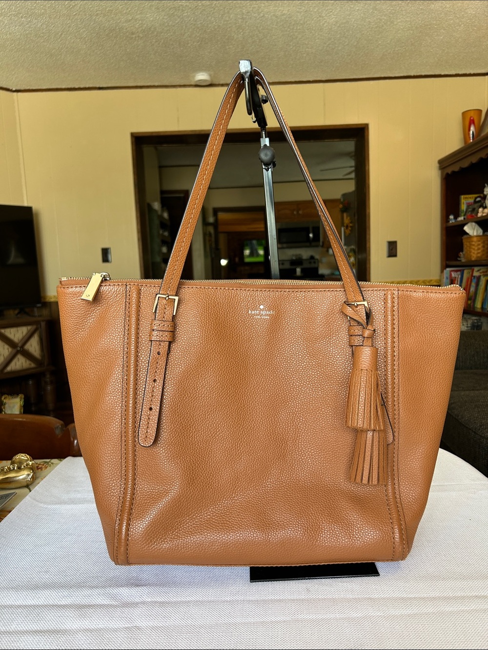 kate spade Cognac Pebbled Leather Tote with Tassel